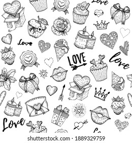 Valentine love sketch pattern. Vector heart engraved background. Doodle seamless illustration. Valentine's day romantic wallpaper. Fashion cute set with candy, chocolate strawberry, gift box, kiss