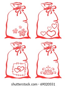 Valentine love symbols on bags, pictogram set, isolated