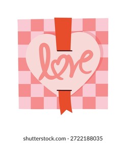 Ilustración de etiqueta de Vector de etiqueta de amor de San Valentín con fondo a cuadros rosa y forma de corazón. Diseño romántico lindo para el empaquetado del regalo, las pegatinas y las tarjetas de felicitación.