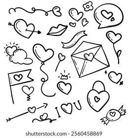 Valentine Love Themed Hand Drawn Doodles Sketch Collection