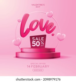Valentine Love Typography Discount Sale With Podium Stage Beauty Background Pink Color for Banner, Poster, Web Page