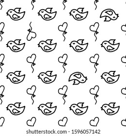 valentine love vector seamless pattern. Freehand love symbol illustrations on white background. Hand drawn hearts and birds doodle style.  Valentines day wrapping paper design