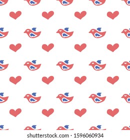valentine love vector seamless pattern. Freehand love symbol illustrations on white background. Hand drawn hearts and birds doodle style.  Valentines day wrapping paper design