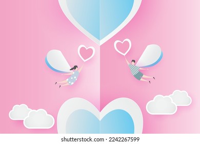 valentine lovely joyful on pink paper background concept. with text love 14 february, boy and girl fly with heart balloon, sky, vector. design for valentine card, gift, poster, paper cut, border, idea