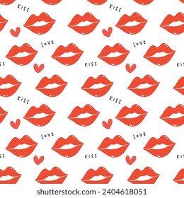 Valentine lovepattern seamless with red lips kissing, isolated on white background.