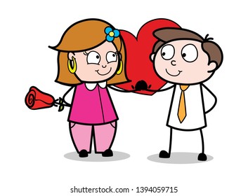 Valentine Lover Presenting Each Other - Retro Cartoon Female Housewife Mom Vector Illustration