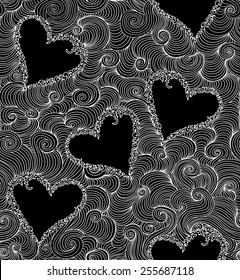 Valentine luxury vector seamless pattern with hearts and curling lines