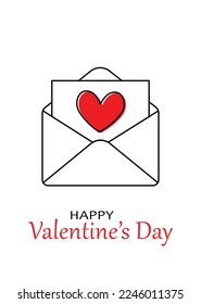 valentine mailbox poster, minimalistic valentines day greeting card with black line envelope and red heart on white background, love letter vector illustration