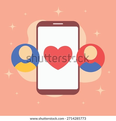 Valentine match screen illustration. Simplified dating interface layout. Two round avatar icons placement. Central heart match symbol. Warm pink red romantic mood.