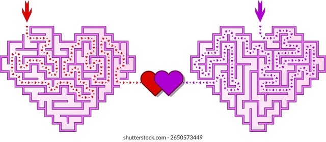 Valentine maze in a shape of two hearts. Find the way through both labyrinths to complete this romantic game. Vector puzzle for 2 people.