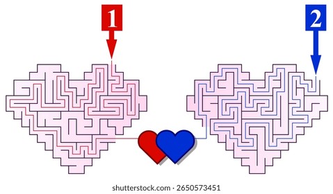 Valentine maze in a shape of two hearts. Find the way through both labyrinths to complete this romantic game. Vector puzzle for 2 people.