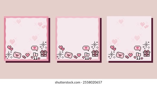 Valentine memo notes concept print template. Pastel flat illustration in 8bit pixel style. For letter, scrapbooking, invitation, greeting card. A4 format