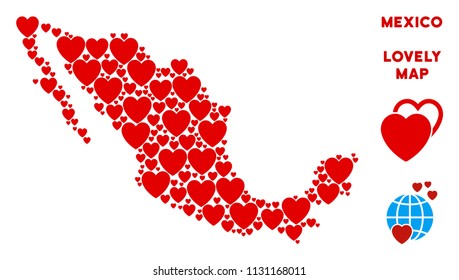 Valentine Mexico map mosaic of red hearts. We like Mexico map concept. Abstract vector geographic plan is formed of red valentine elements.