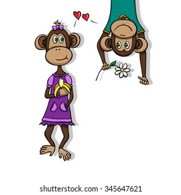 Valentine monkeys - love cartoon illustration. Hand drawn design.
