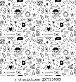 Valentine monochrome doodle elements seamless pattern. Vector illustration. Hand drawn doodle art with hearts, arrows, balloon, flowers, etc. Design for print, wallpaper,