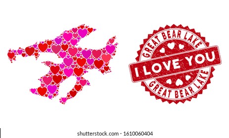 Valentine mosaic Great Bear Lake map and grunge stamp seal with I Love You words. Great Bear Lake map collage formed with scattered red heart items. Red round I Love You stamp with grunge texture.