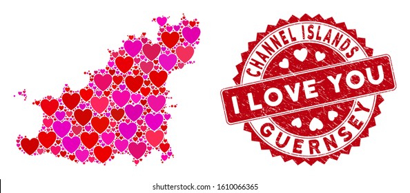 Valentine mosaic Guernsey Island map and corroded stamp seal with I Love You words. Guernsey Island map collage formed with scattered red heart elements. Red round I Love You stamp with dirty texture.