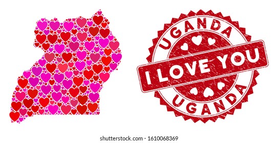 Valentine mosaic Uganda map and grunge stamp seal with I Love You badge. Uganda map collage composed with randomized red heart elements. Red round I Love You stamp with grunge texture.