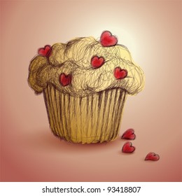 Valentine Muffin / Realistic sketch of cupcake with hearts