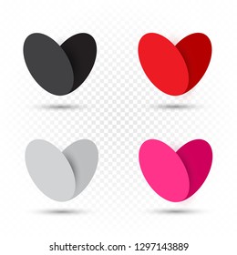 Valentine multicolor hearts set template on white transparent background. Red pink black white paper heart collection with shadow. Modern love or like sign symbol