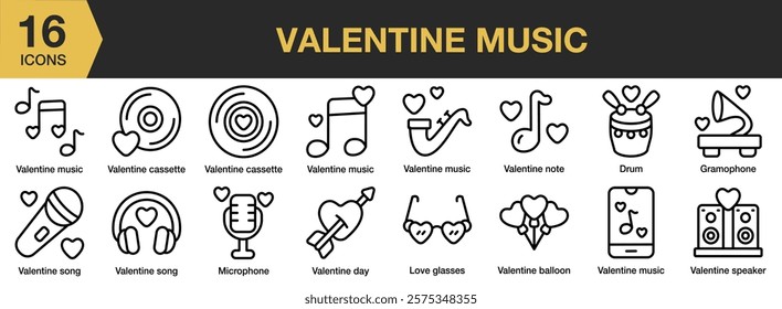 Valentine Music icon set. Includes Heart, Love, Melody, Music, Musical, Musician, Song, and More. Outline icons vector collection.