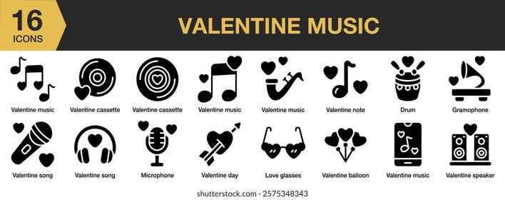 Valentine Music solid icon set. Includes Heart, Love, Melody, Music, Musical, Musician, Song, and More. Solid icons vector collection.