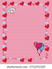 Valentine Notepad com corações e ilustração tema romântico