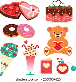 ilustración vectorial de color plano de conjunto de objetos valentinos