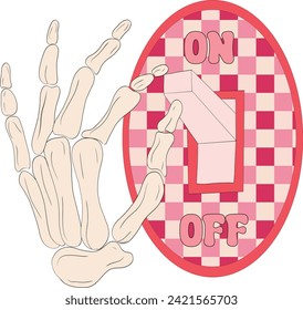 Valentine on off mode, The skeleton hand turned on the switch. Hand drawn Vector illustration