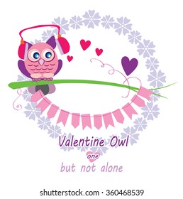 Valentine owl listening to love music or voice message - cute Valentine day vector card with funny animal and motivational slogan as greeting text. Pink love on spring branch decorated flag garland.
