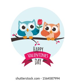 Valentine owls in love. Giving a flower