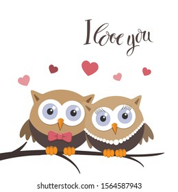 Valentine owls in love with message. Greeting card design