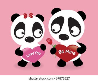 Valentine Pandas holding hearts