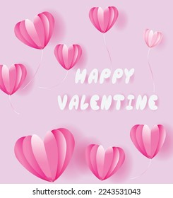 Valentine  paper art card with many pink hearts flowers balloons floating on pink background with wording happy valentine wording.