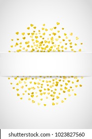 Valentine paper badge with gold glitter hearts. February 14th day. Vector confetti for valentine paper badge. White festive banner with texture. Love theme for voucher, special business ad, banner.