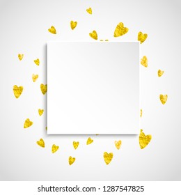 Valentine paper badge with gold glitter hearts. February 14th day. Vector confetti for valentine paper badge. White festive banner with texture. Love theme for flyer, special business offer, promo.
