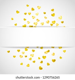Valentine paper badge with gold glitter hearts. February 14th day. Vector confetti for valentine paper badge. White festive banner with texture. Love theme for gift coupons, vouchers, ads, events.