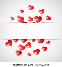 Valentine paper badge with pink glitter hearts. February 14th day. Vector confetti for valentine paper badge. White festive banner with texture. Love theme for party invite, retail offer and ad.