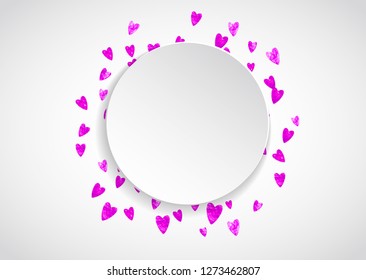 Valentine paper badge with pink glitter hearts. February 14th day. Vector confetti for valentine paper badge. White festive banner with texture. Love theme for poster, gift certificate, banner.
