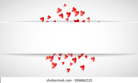 Valentine paper badge with red glitter hearts. February 14th day. Vector confetti for valentine paper badge. White banner with hand drawn texture. Love theme for poster, gift certificate, banner