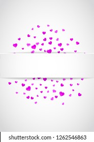Valentine paper badge with red glitter hearts. February 14th day. Vector confetti for valentine paper badge. White banner with hand drawn texture. Love theme for poster, gift certificate, banner