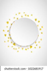Valentine paper frame with gold glitter hearts. February 14th day. Vector confetti for valentine paper frame. White festive banner with texture. Love theme for voucher, special business ad, banner.