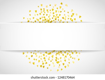 Valentine paper frame with gold glitter hearts. February 14th day. Vector confetti for valentine paper frame. White festive banner with texture. Love theme for flyer, special business offer, promo.