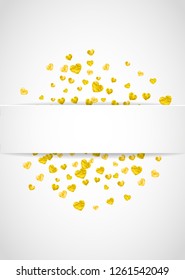 Valentine paper frame with gold glitter hearts. February 14th day. Vector confetti for valentine paper frame. White banner with hand drawn texture. Love theme for special business offer, banner, flyer
