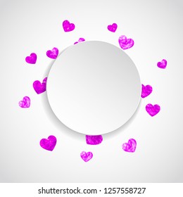 Valentine paper frame with red glitter hearts. February 14th day. Vector confetti for valentine paper frame. White banner with hand drawn texture. Love theme for gift coupons, vouchers, ads, events.