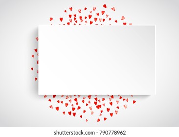 Valentine paper frame with red glitter hearts. February 14th day. Vector confetti for valentine paper frame. White banner with hand drawn texture. Love theme for flyer, special business offer, promo