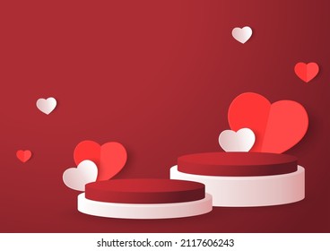 Valentine paper style vector. Beautiful pink realistic heart shaped podium for valentine's day product display presentation with decorative falling paper hearts vector template.