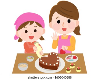 Valentine 
Parent and child making chocolate handmade illustration