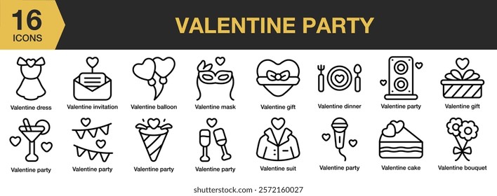 Valentine Party icon set. Includes Balloons, Celebration, Heart, Love, Party, Valentines, Wedding, and More. Outline icons vector collection.