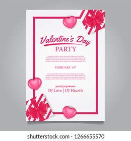 Valentine party invitation poster template with pink hearth shape and gift box present. Vector illustration